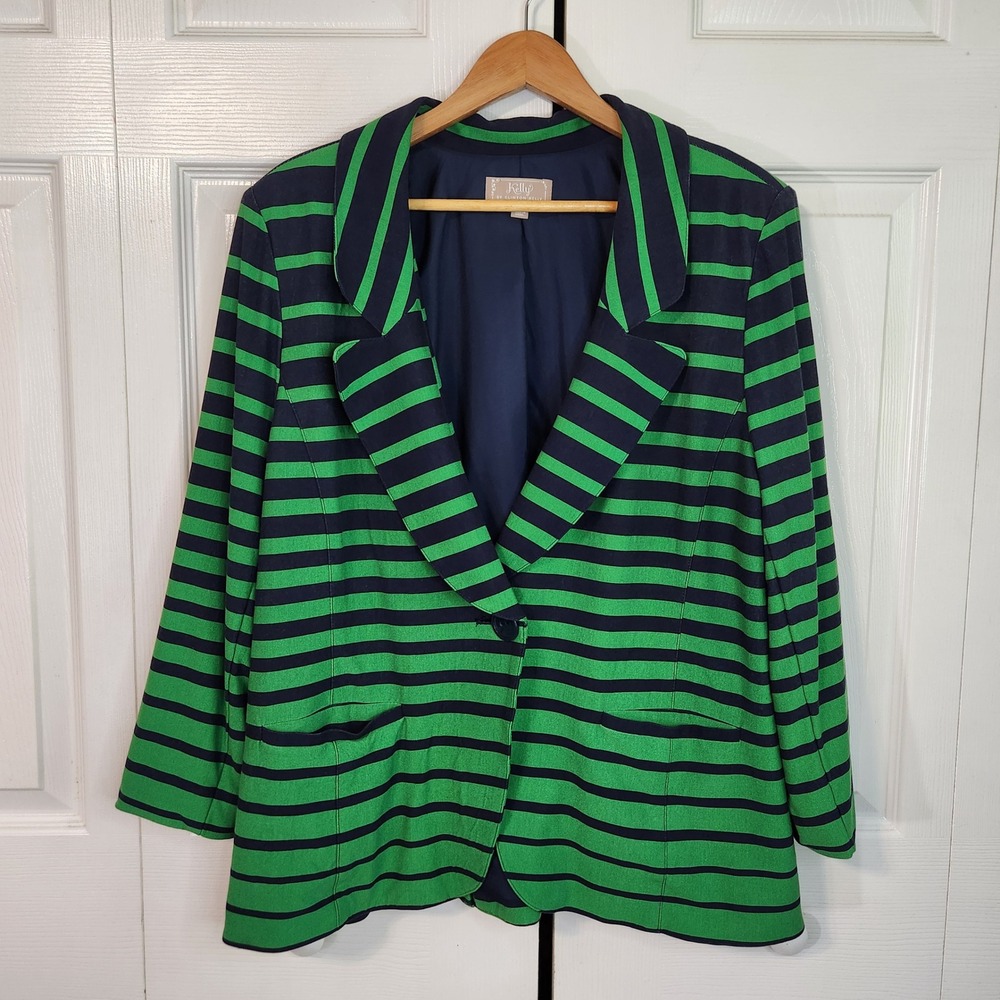 Kelly by Clinton Kelly Blazer XL Green Navy Blue Striped Single Button Lined